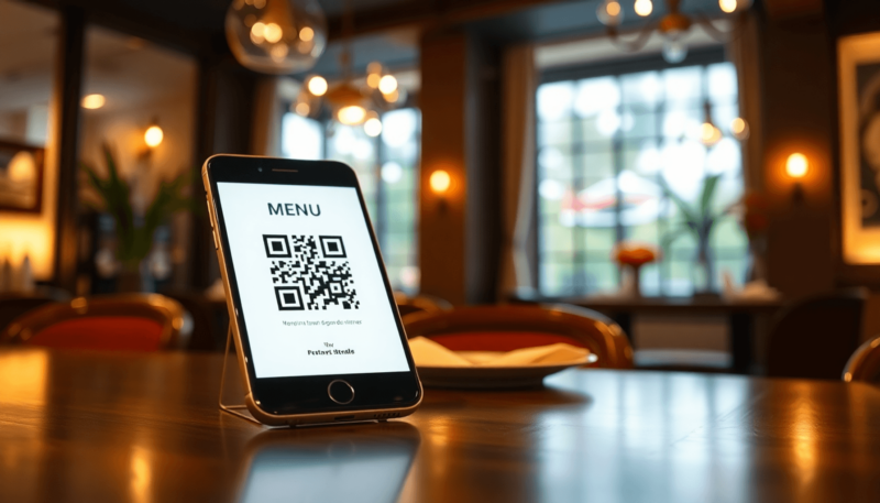 Sebuah smartphone di atas meja restoran menampilkan menu digital dan kode QR, dikelilingi oleh suasana yang nyaman dengan pencahayaan lembut dan dekorasi yang stylish